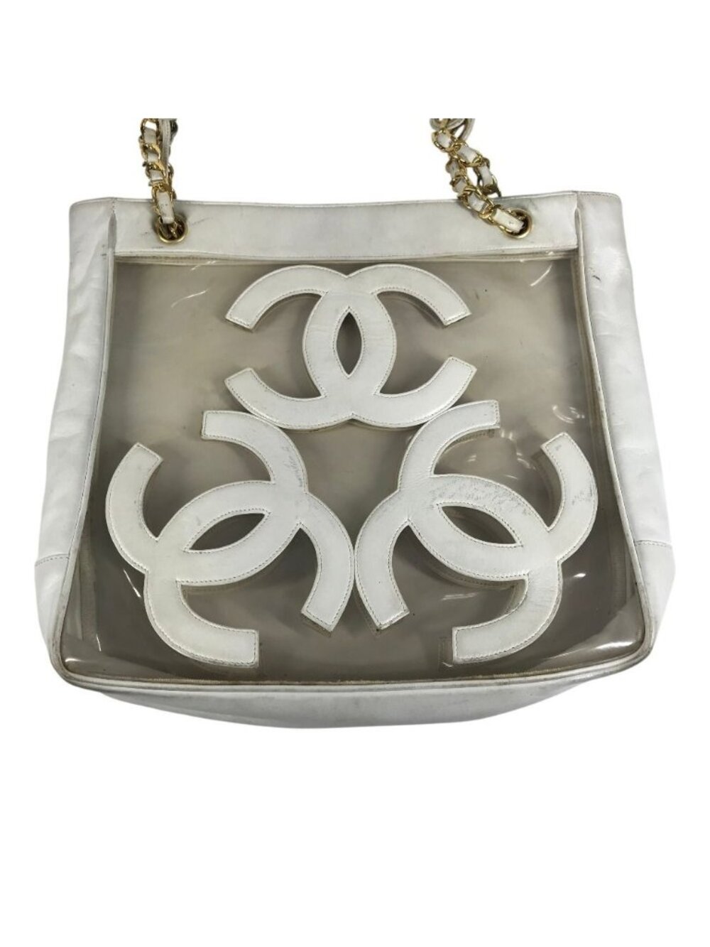 Chanel Shoulder Bag CC Logo Triple Coco Chain Vinyl Leather White - Picture 3 of 9